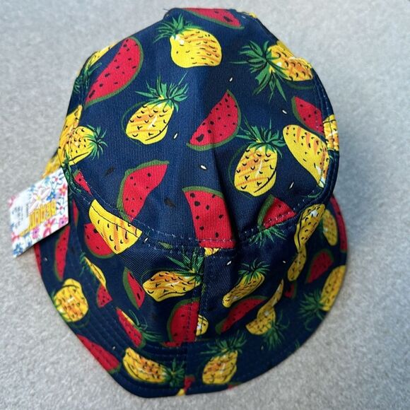NWT Tropical Beach Bucket Sun Hat Navy Red Yellow Watermelon Pineapple One Size - Picture 2 of 8